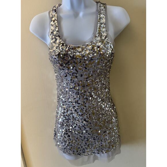 Sequin Mesh Cross Back Sleeveless silver XS Swiftie Reputation Indie Sleaze Y2K - Picture 6 of 11